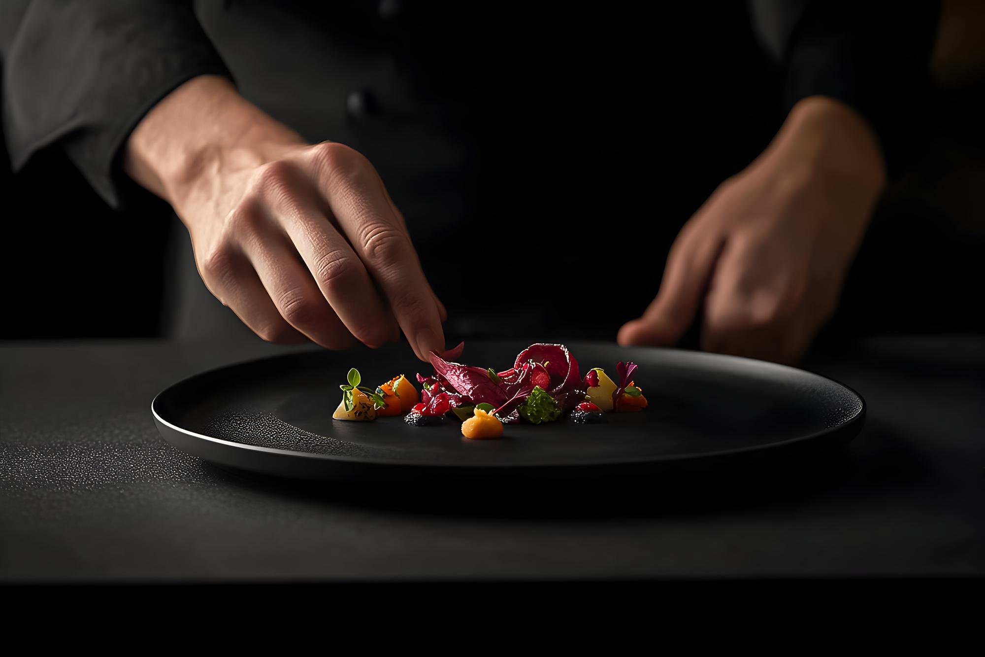 Chef arranging plated gourmet dish